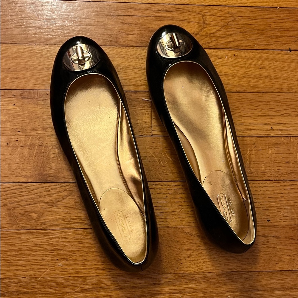 Coach Black Patent Leather Ballet Flats with Gold Tone Turnlock